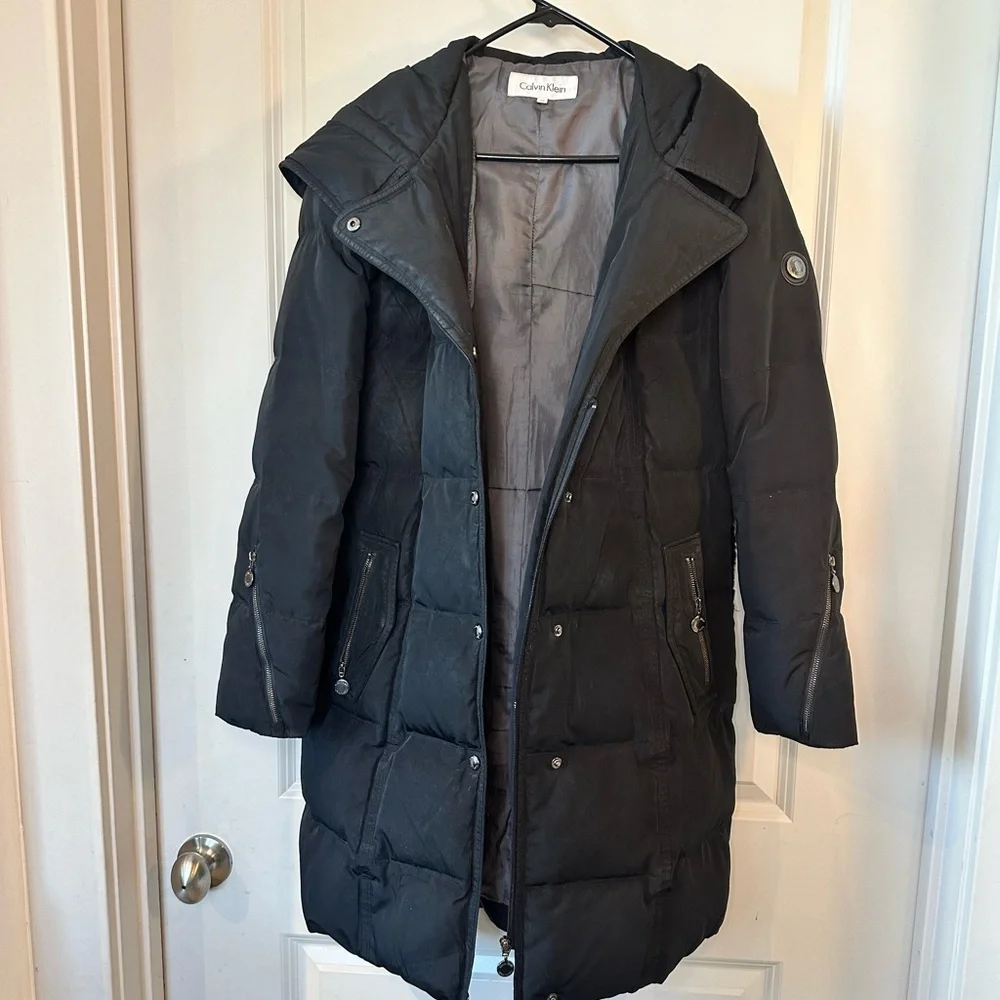 Calvin Klein Black Belted Duck Filled/Waterfowl Feathers Down KneeLength Coat,XS
